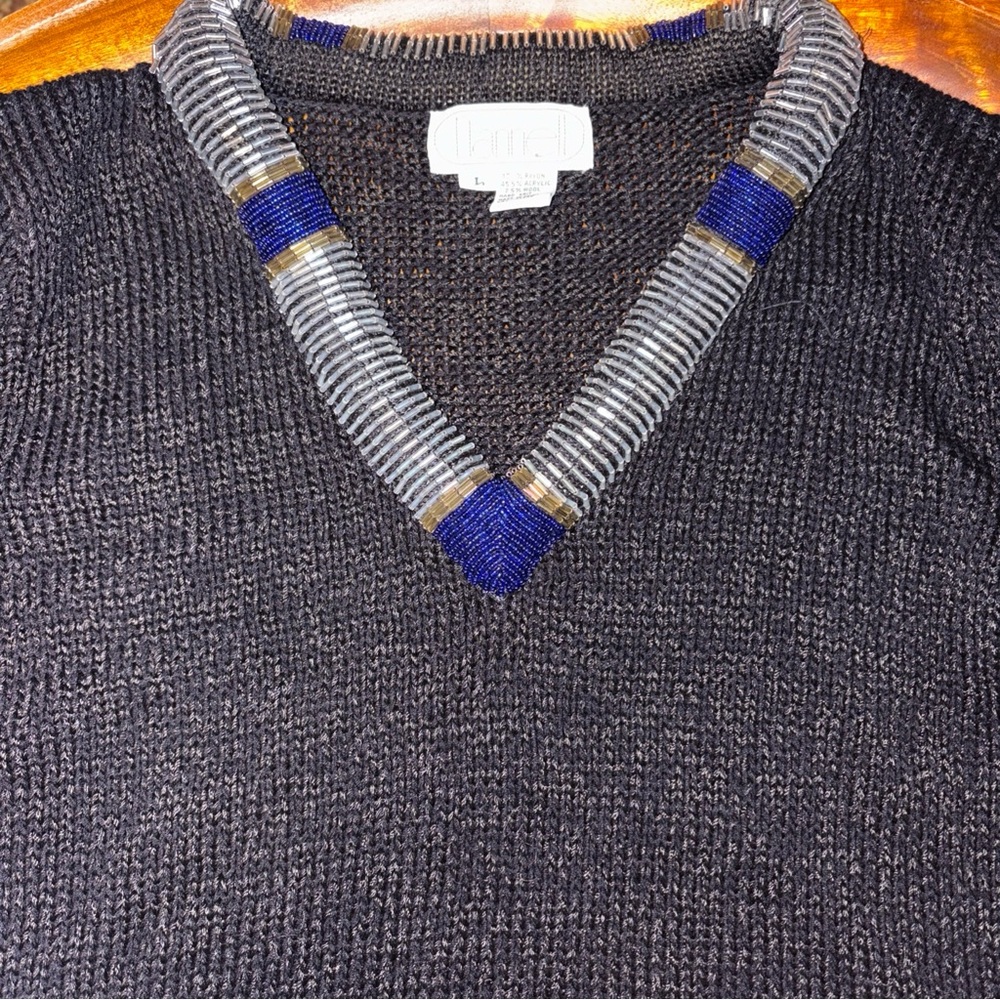NANNELL Vintage Beaded Neckline Padded Hand Knit Sweater Sz lg Stunning & Unique
